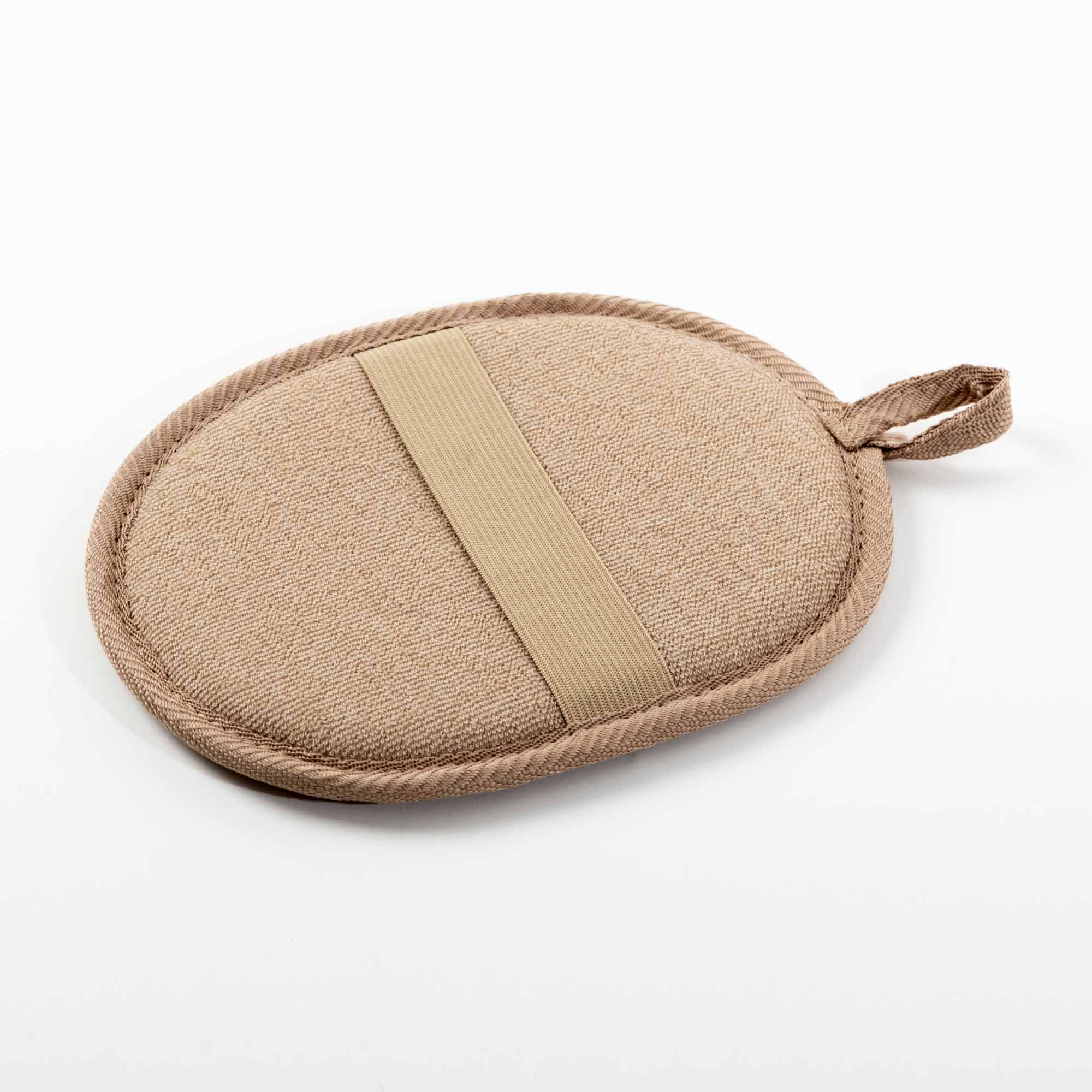 Beige body scrubber with a strap on a white background. Victoria James Body Exfoliating Pad