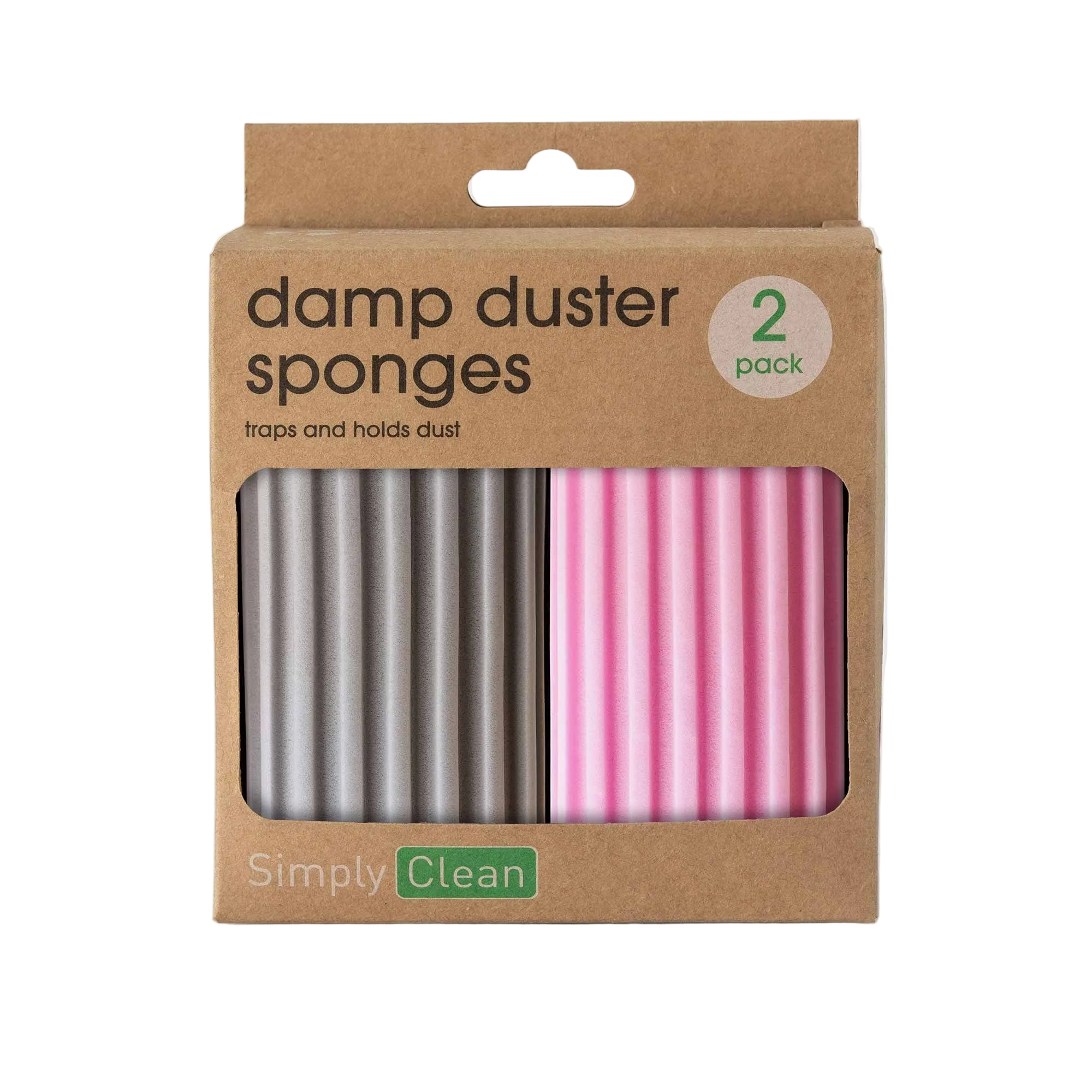 Package of damp duster sponges with two sponges inside, one gray and one pink, on a white background. Simply Clean Damp Duster Sponges