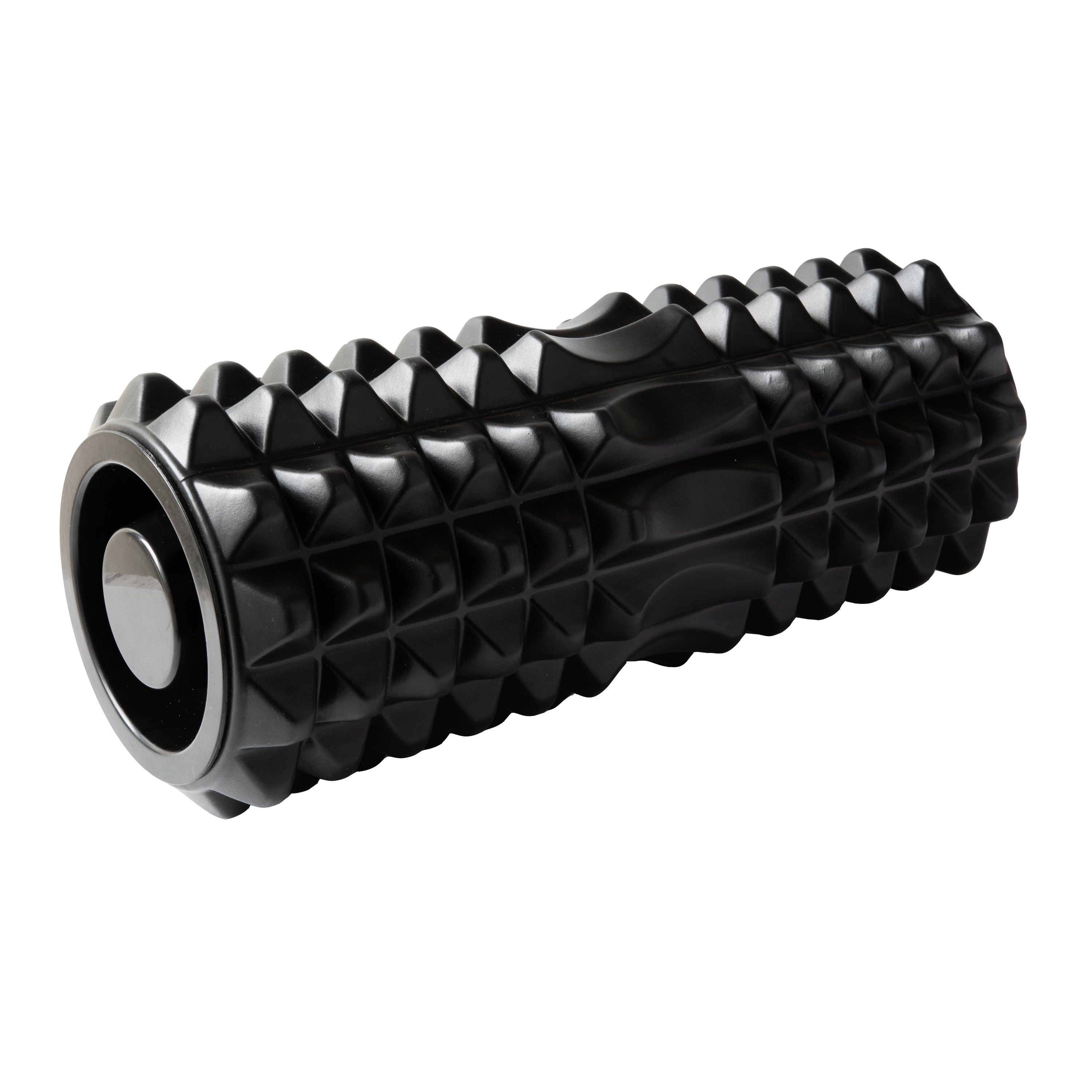 Black foam roller with textured surface on a white background. Simply Clean Active Foam Roller