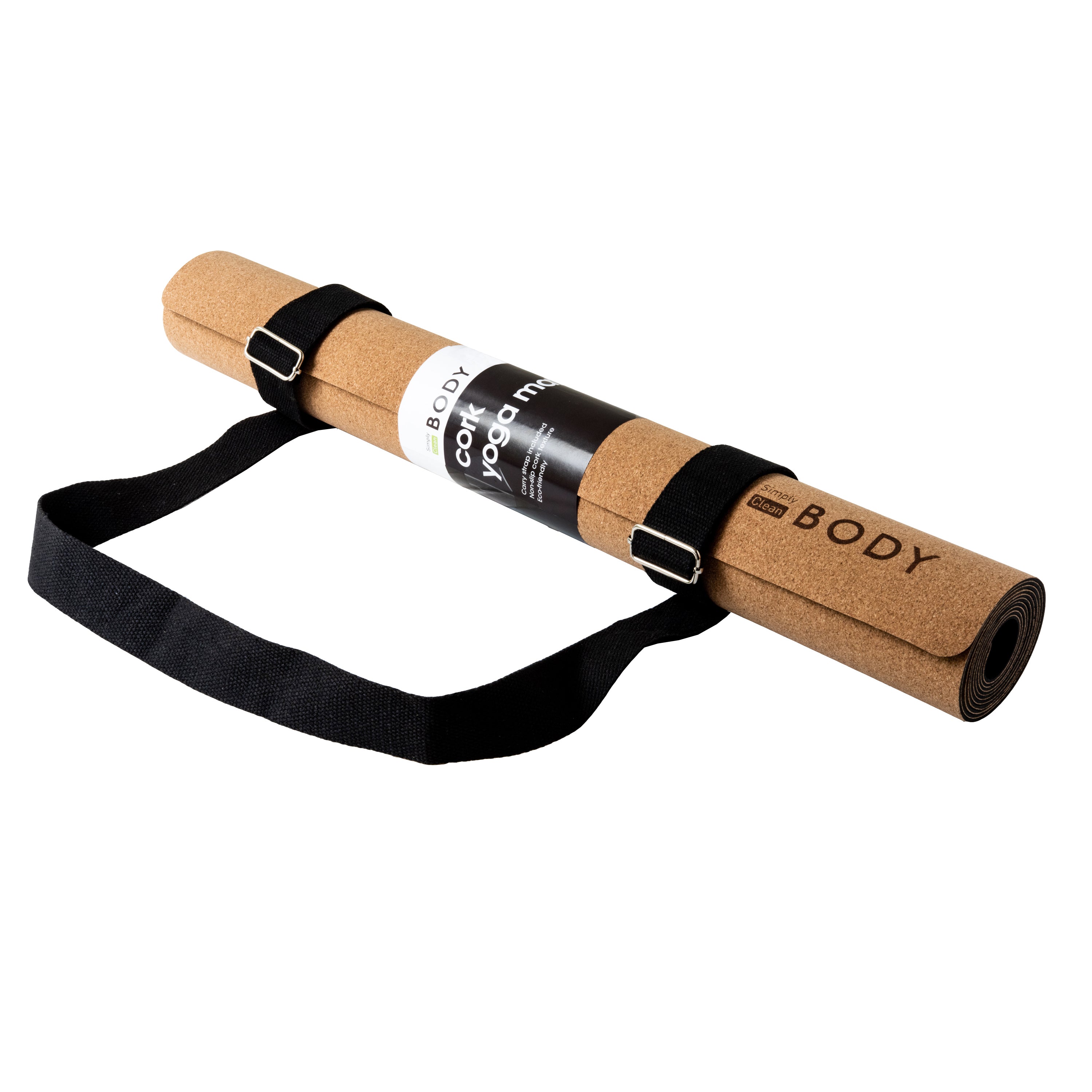 Cork yoga mat with black strap on a white background. Simply Clean Active Cork Yoga Mat