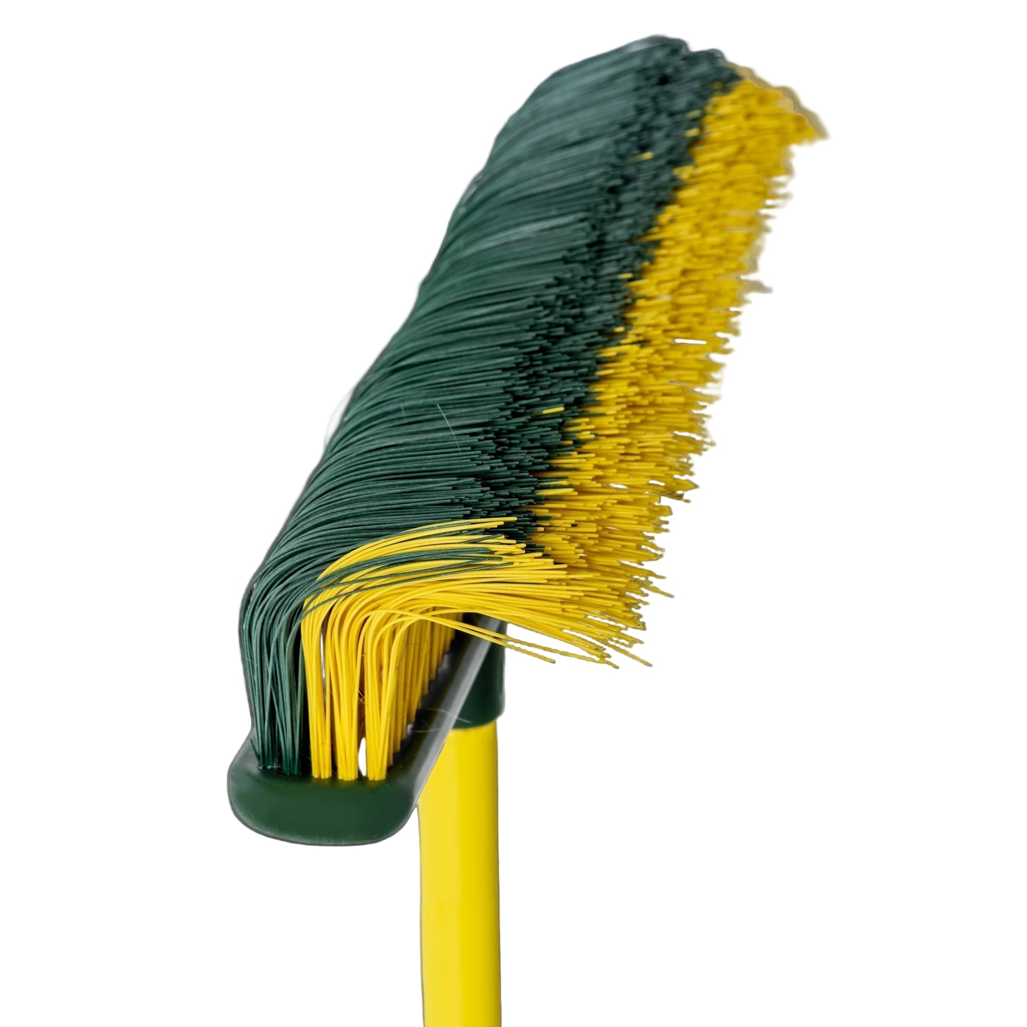 Broom with green and yellow bristles on a white background. Simply Clean 2IN1 Broom & Rake