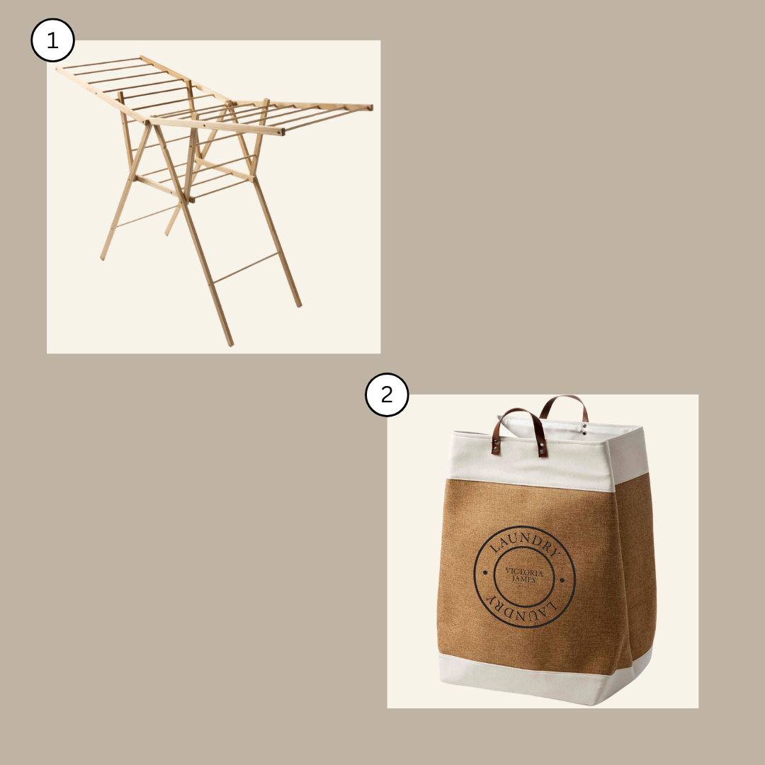 Bamboo drying rack and brown laundry basket with 'Laundry' logo on a beige background. Simply Clean Laundry Essentials Bundle.