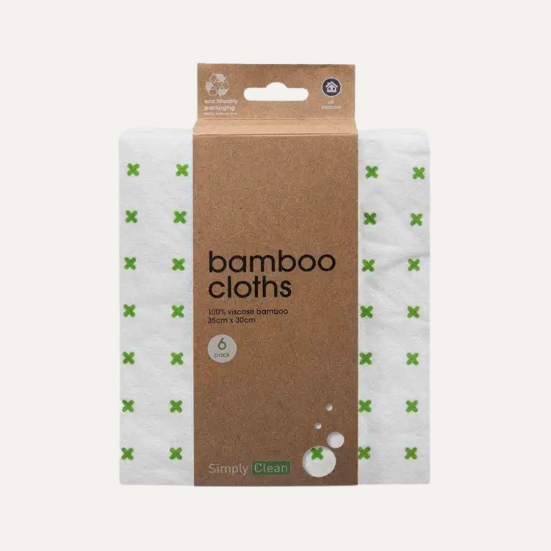 Packaging of bamboo cloths with a brown cardboard box and white background. Simply Clean Bamboo Cloth - 6 Pack