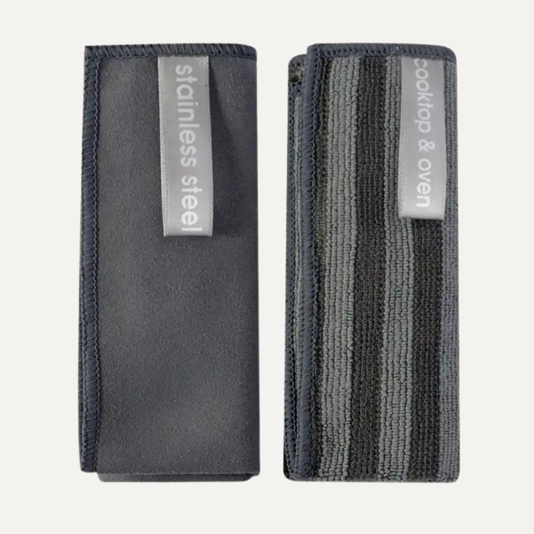 Two gray wristbands with text labels on a white background. Simply Clean Cooktop and Oven Set 2 Pack