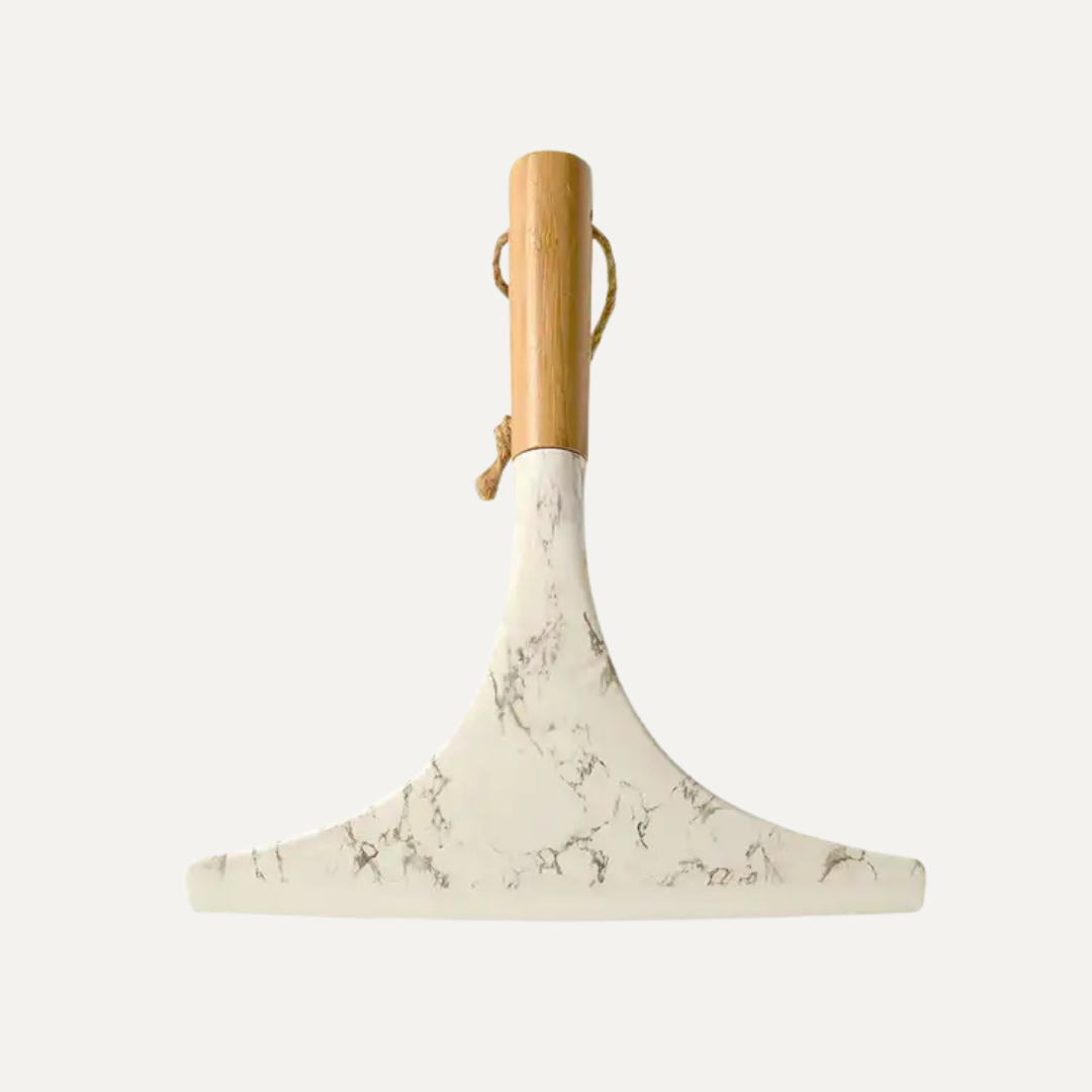 Cleaning tool with marble patterned head and wooden handle on a white background. Simply Clean Squeegee Marble Bamboo