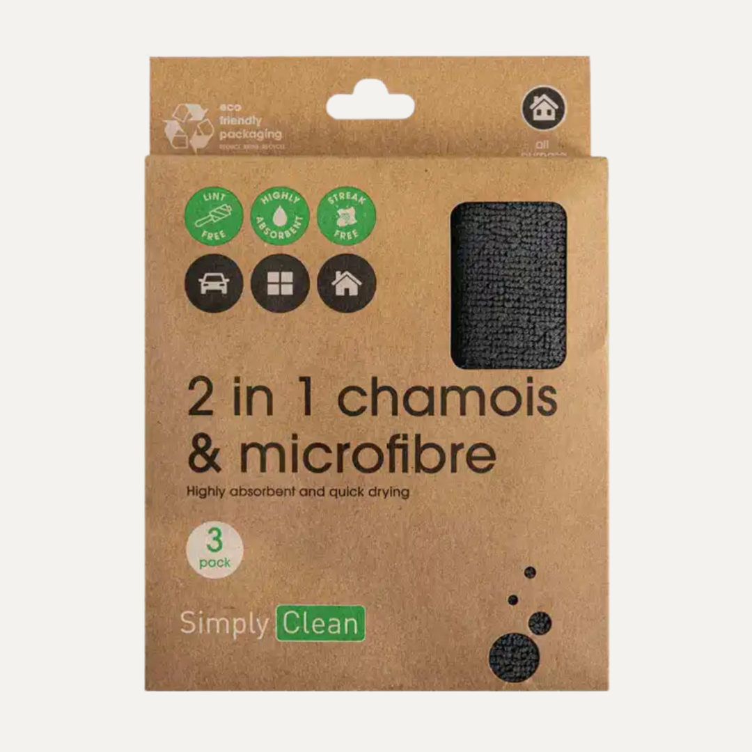 Package of 2-in-1 chamois and microfiber cloths with brand logo on a white background. Simply Clean Microfibre Chamois