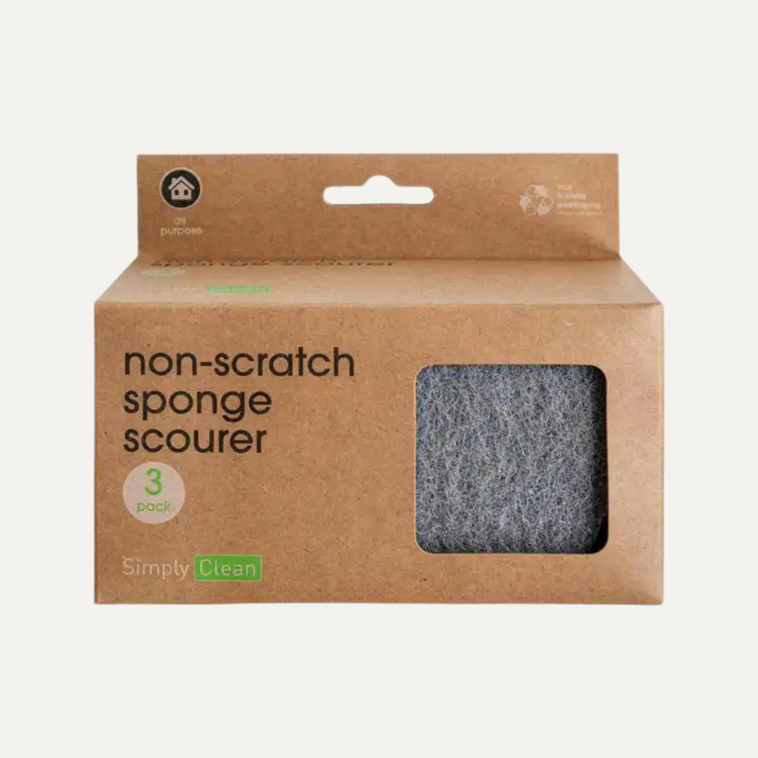 Package of non-scratch sponge scourer with brown cardboard box on a white background. Simply Clean Non-Scratch Sponge Scourer - 3pk