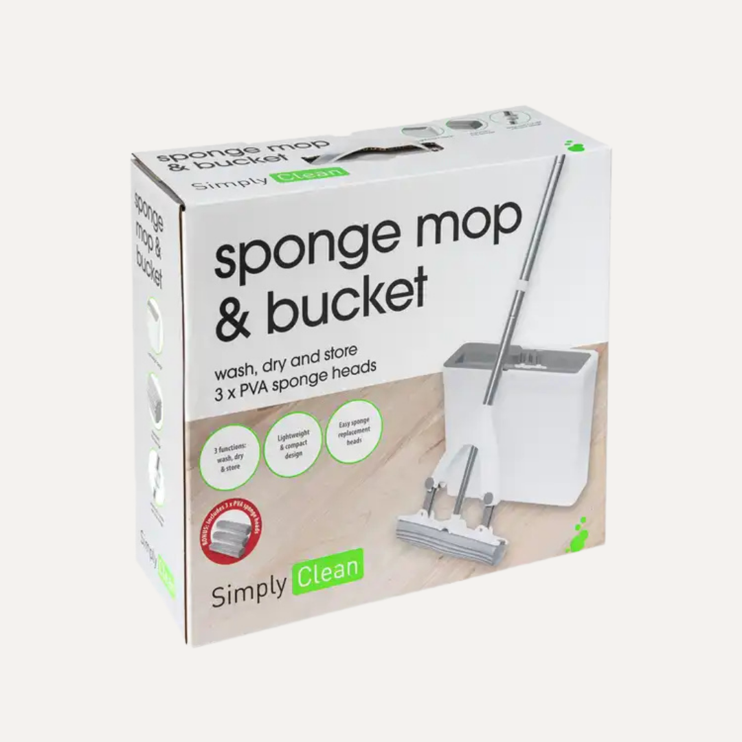 Box of sponge mop and bucket set with cleaning illustration on a white background. Simply Clean Sponge Mop & Bucket Set