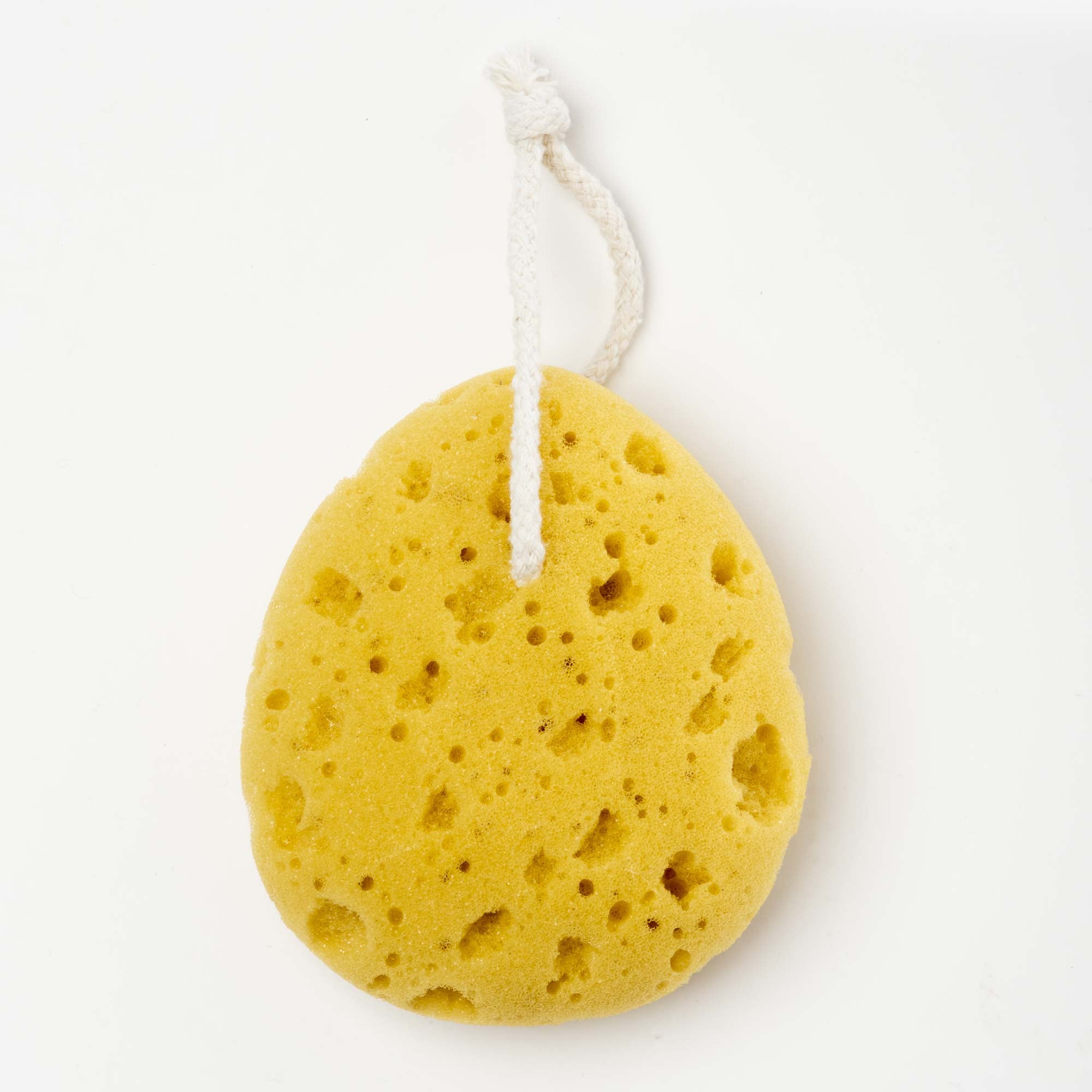 Yellow sponge with a white string on a light gray background. Victoria James Bath Sponge