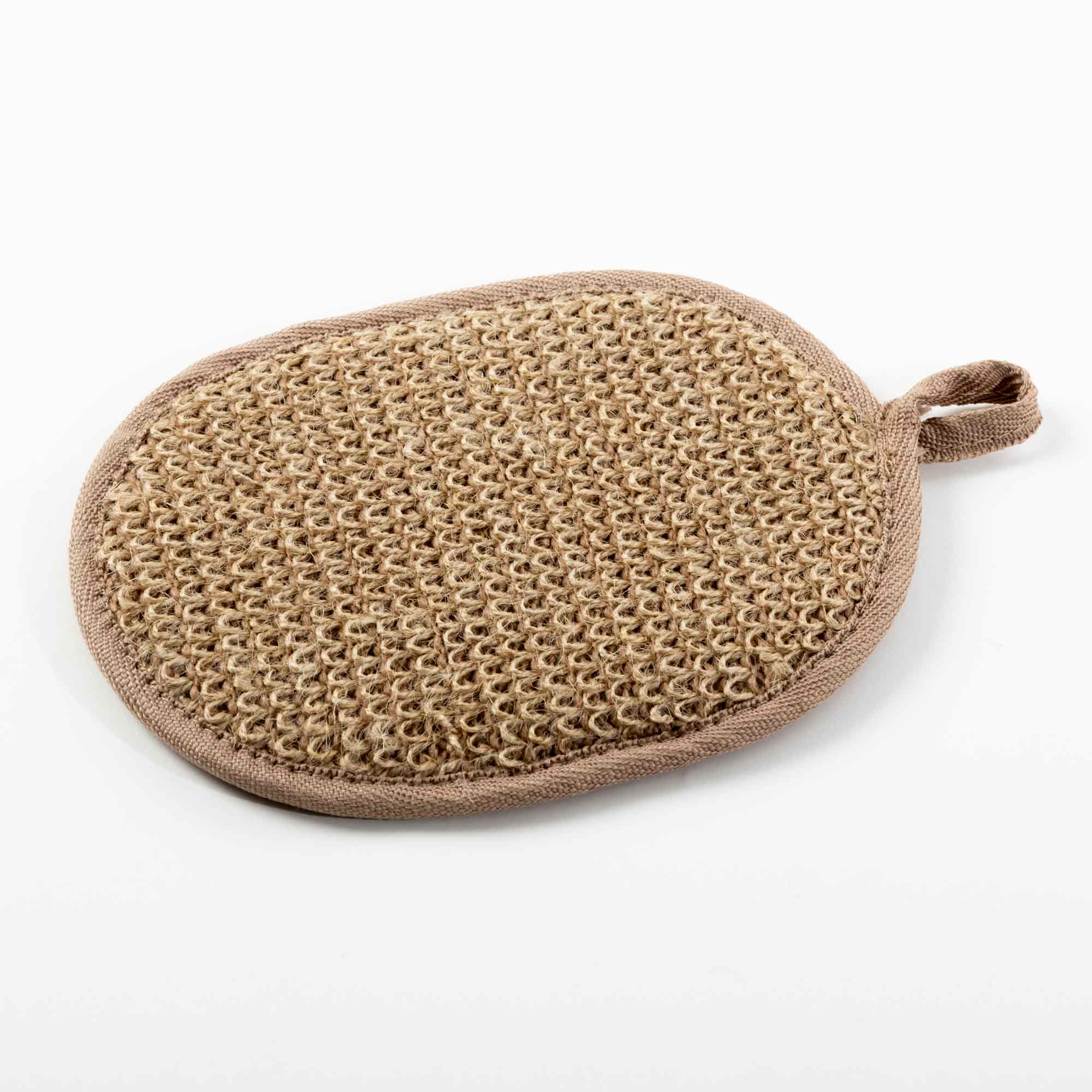 Brown woven scrubber on a white background. Victoria James Body Exfoliating Pad