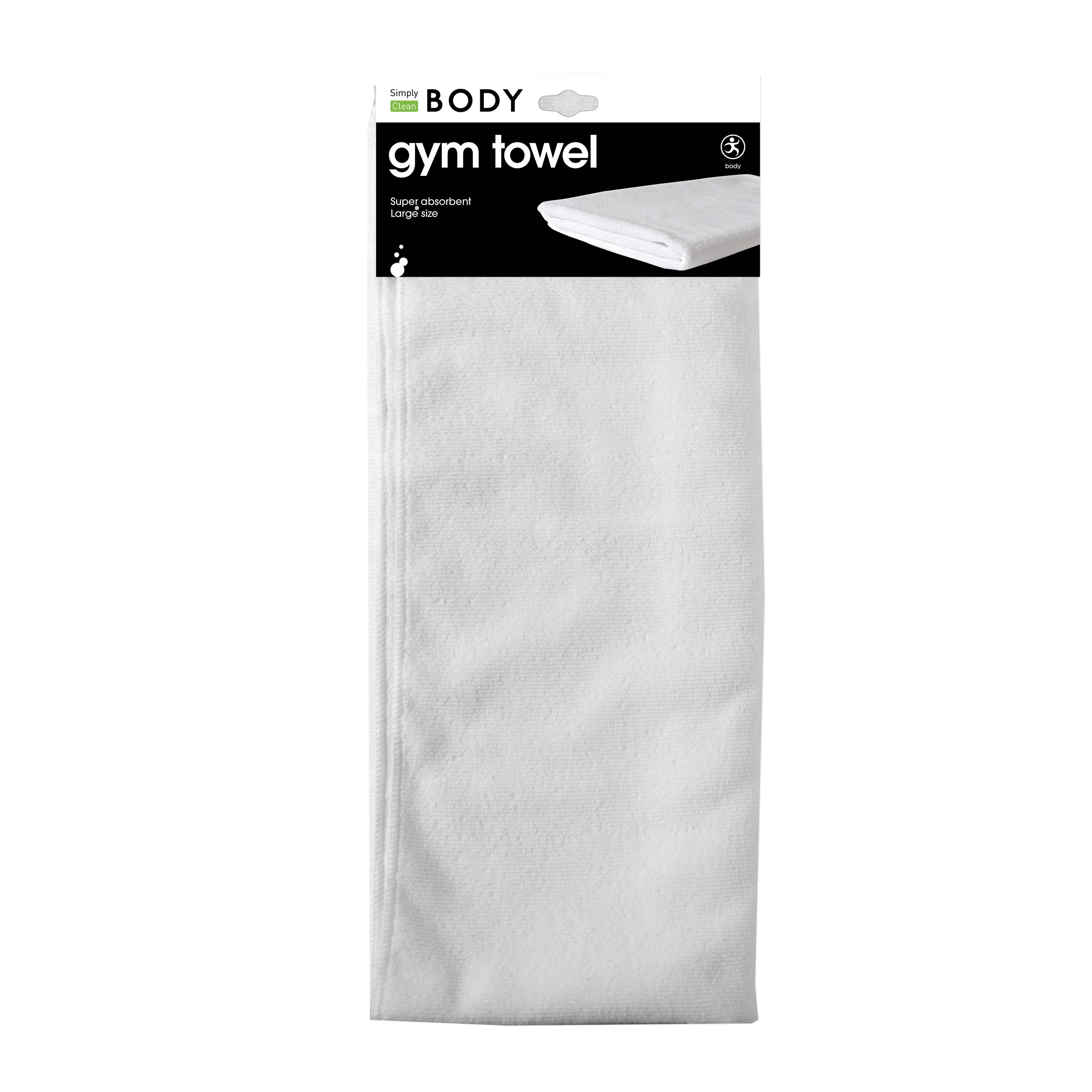 White gym towel in packaging with 'Body' brand label on a white background. Simply Clean Active Gym Towel