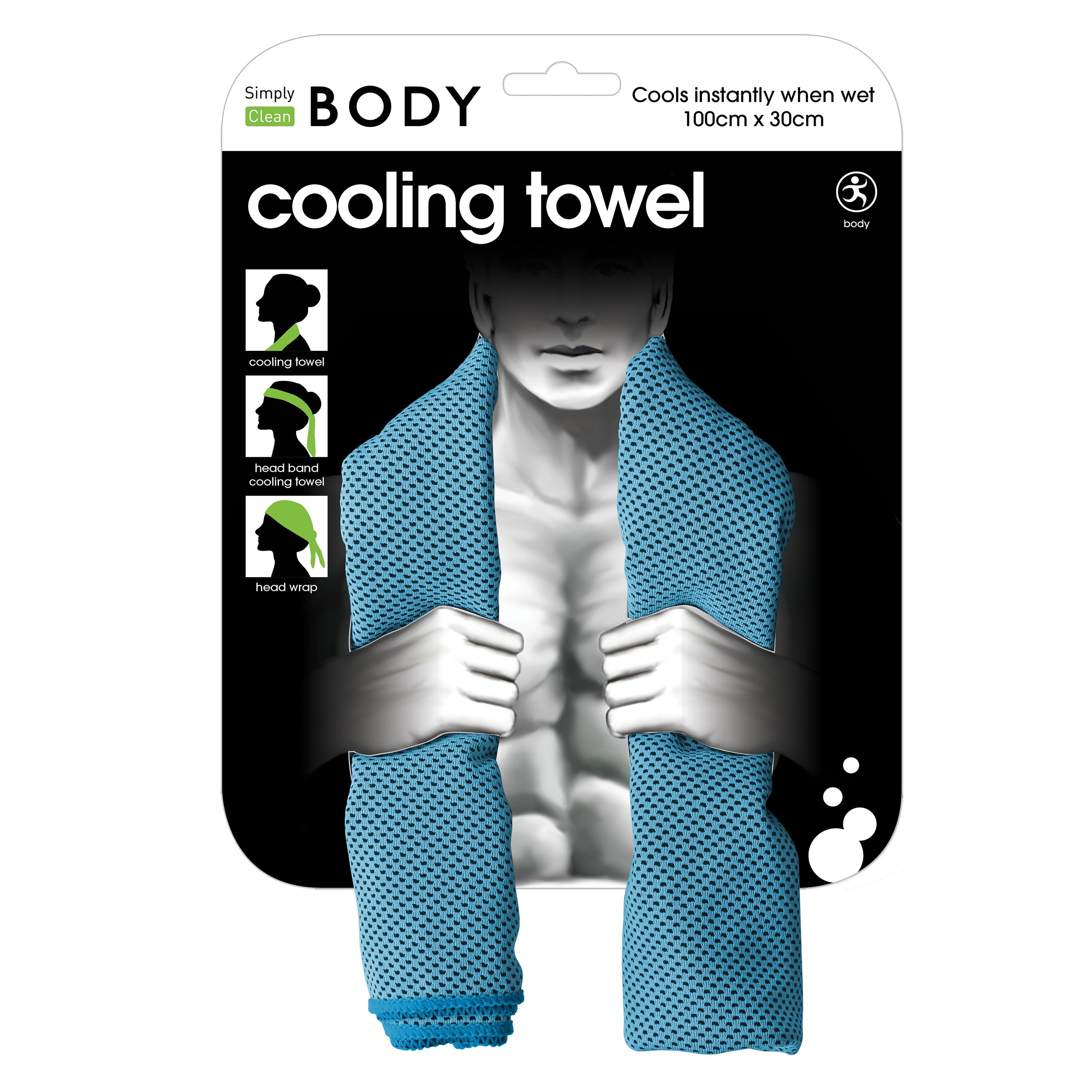 Packaging of a cooling towel with a man wearing it on a white background. Simply Clean Active Body Cooling Towel for Sports