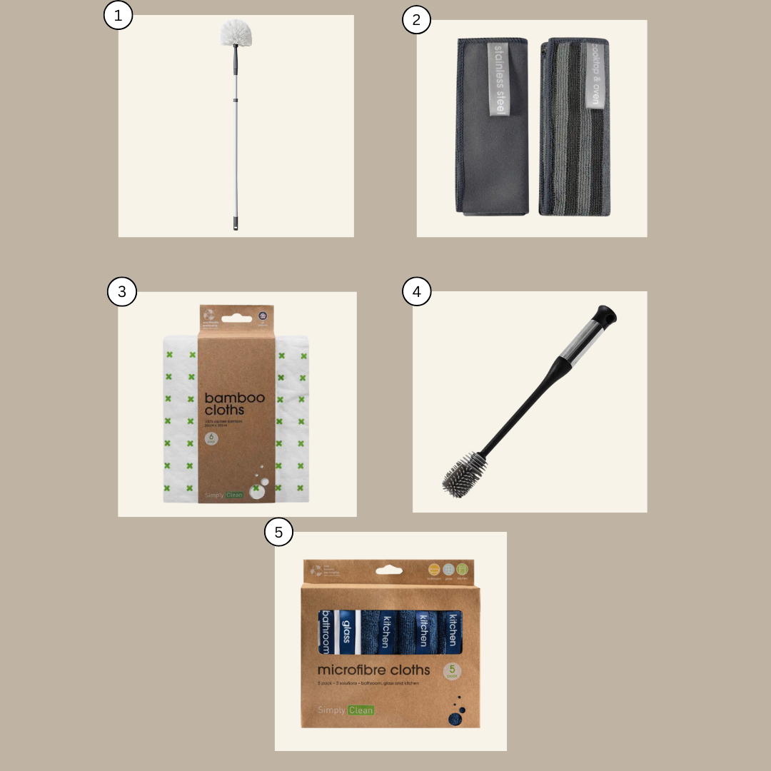 Set of cleaning tools including a duster, cloths, and brush on a beige background.Simply Clean Best Sellers Bundle