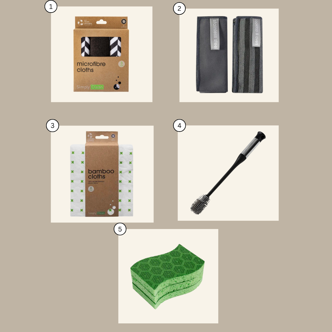 Collection of cleaning products including microfibre cloths, bamboo cloths, and a scrubber on a beige background. Simply Clean Kitchen Essentials Bundle