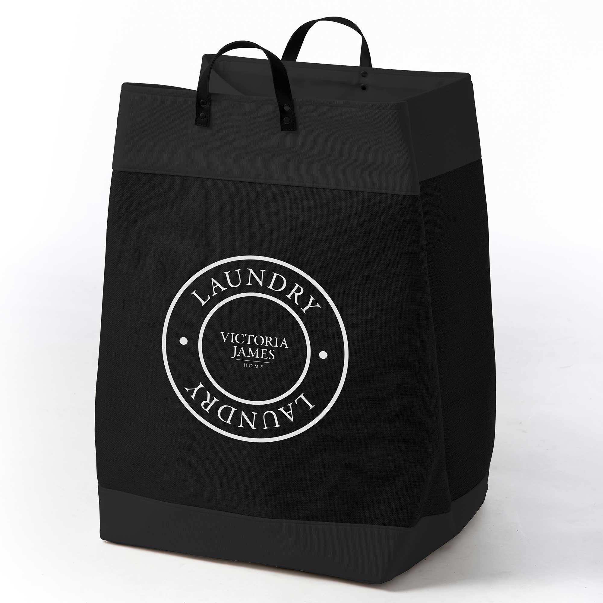 Black laundry bag with 'Victoria James' logo on a white background. Victoria James Home Laundry Hamper