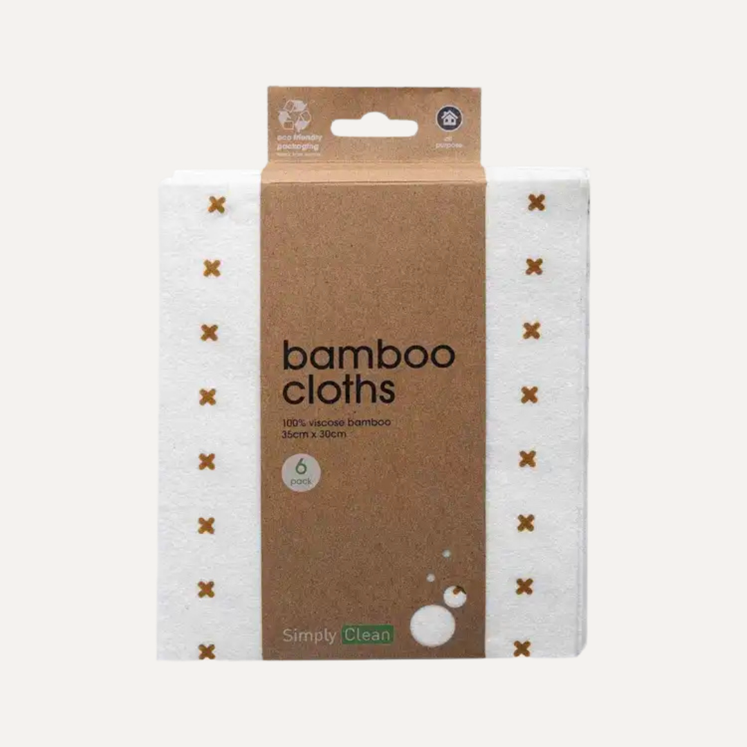 Packaging of bamboo cloths with a brown cardboard box on a white background. Simply Clean Bamboo Cloth - 6 Pack