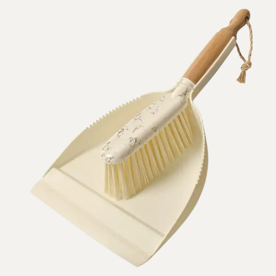 Beige dustpan and brush set with wooden handle on a white background. Simply Clean Dustpan & Brush Set - Marble Bamboo