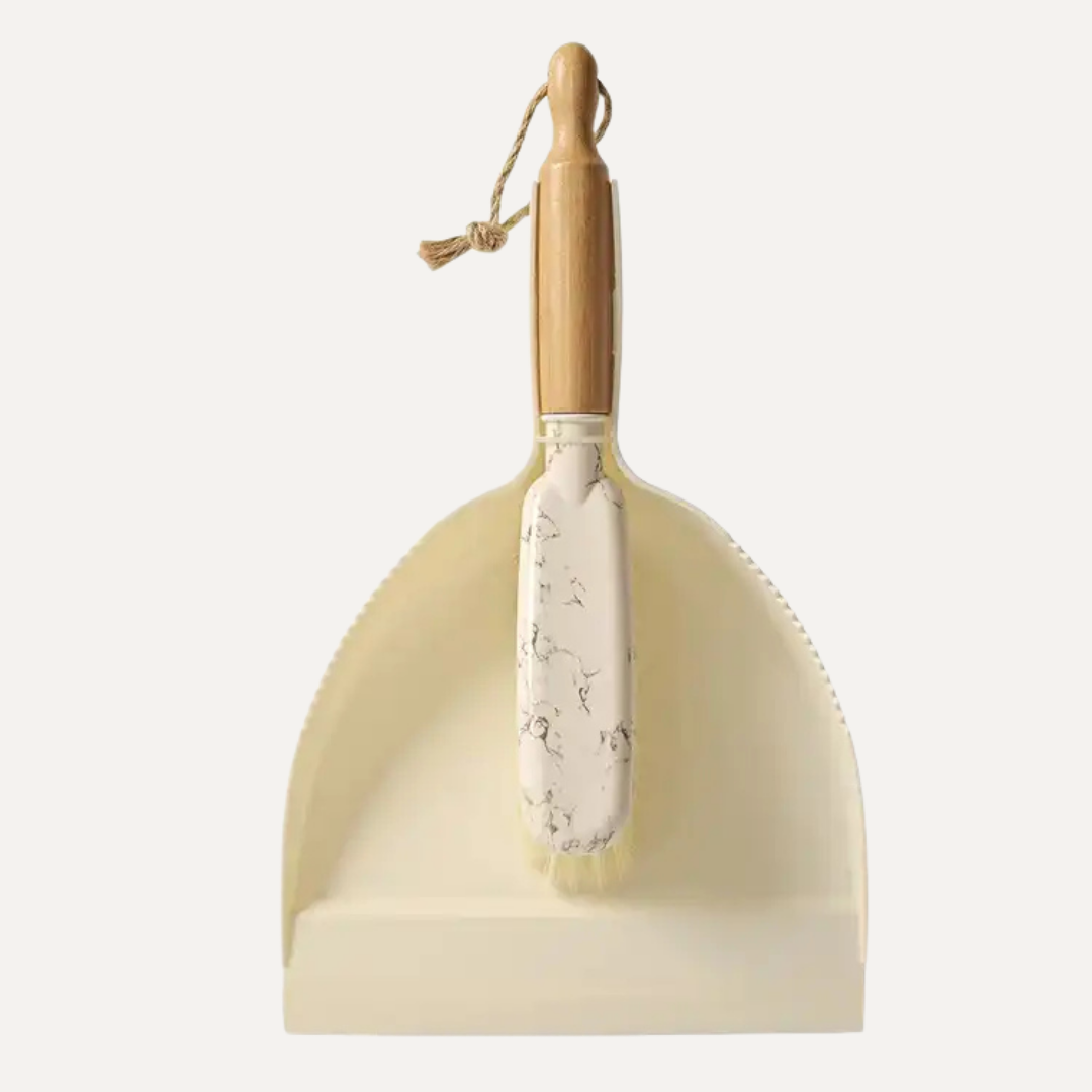 Beige dustpan with wooden handle on a white background. Simply Clean Dustpan & Brush Set - Marble Bamboo