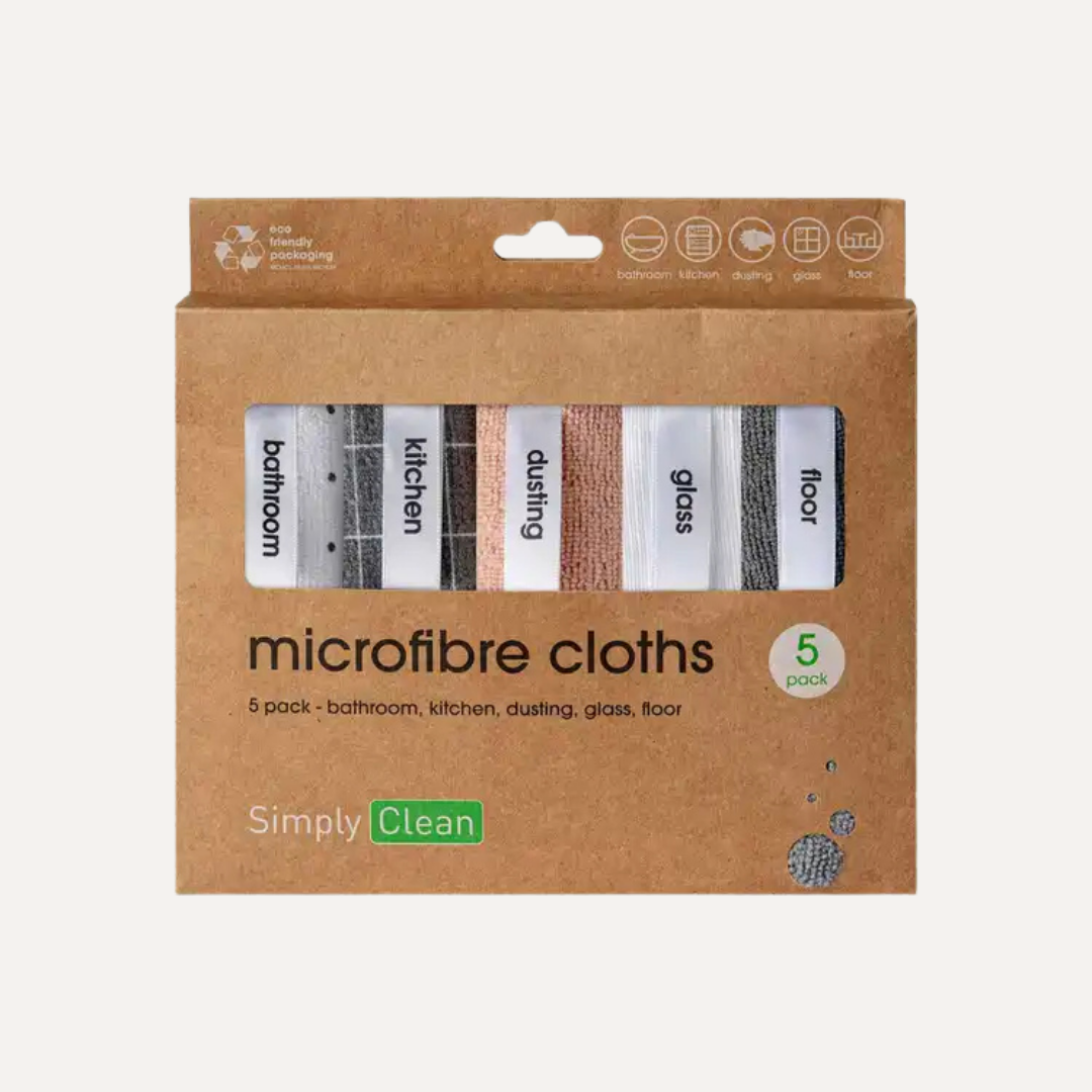 Packaging of microfibre cloths with labels for different uses on a beige background. Simply Clean Microfibre Cloths