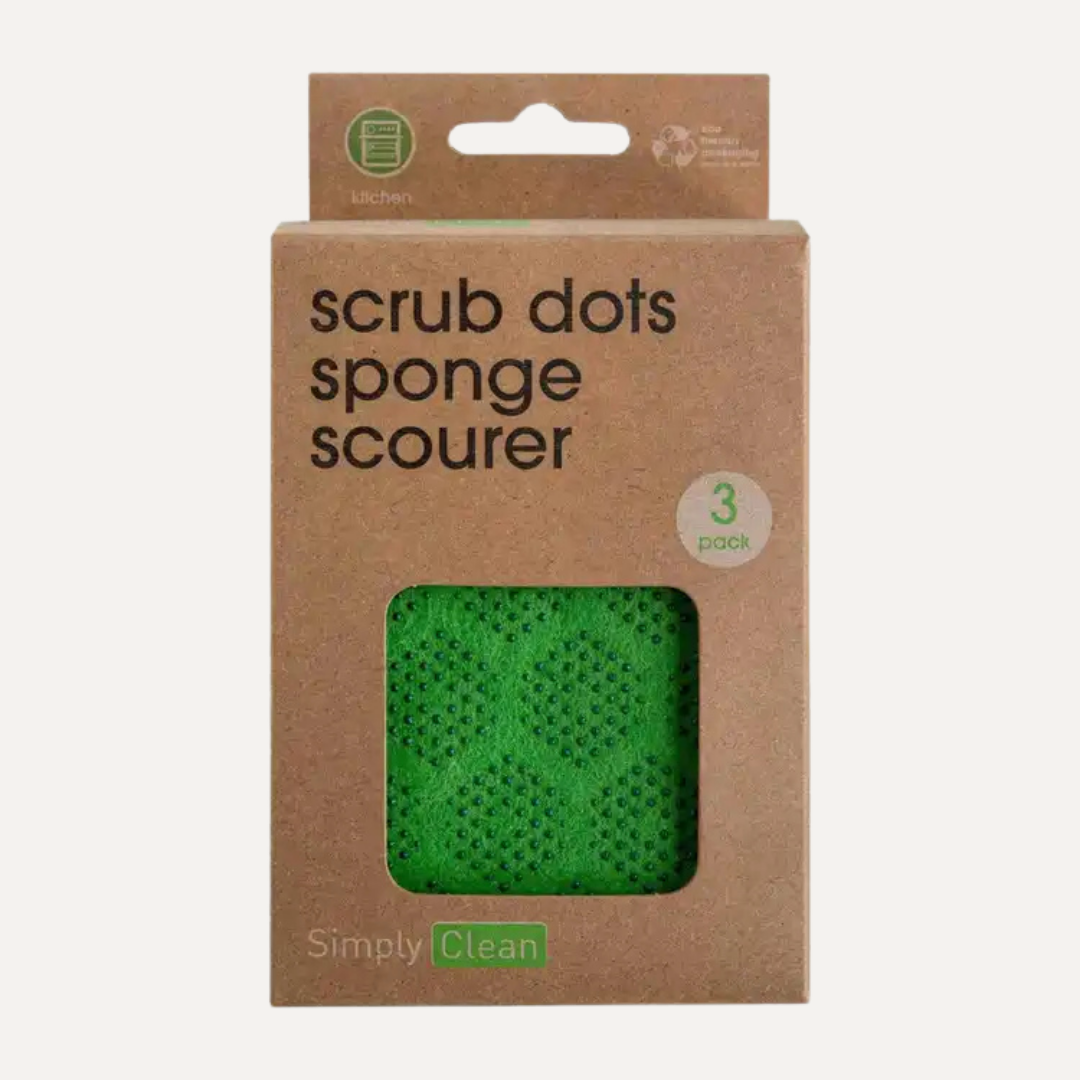 Package of scrub dots sponge scourer with green sponge visible through window. Simply Clean Sponge Scourer